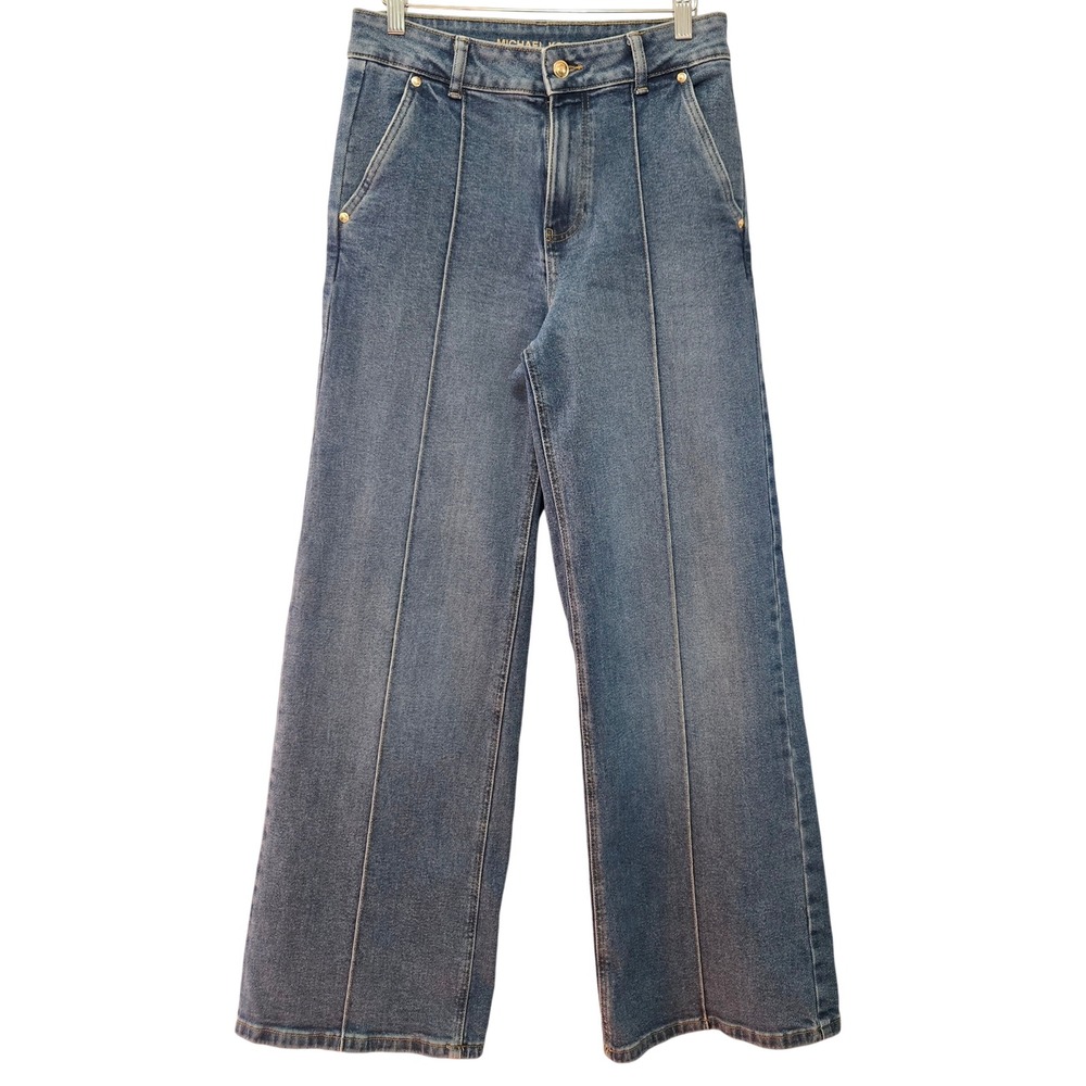 Michael Kors Women Chic Wide Leg Front Seam Medium Wash Jeans Sz 6 Gold Hardware